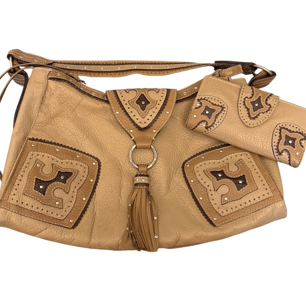American West Tan Pebbled Leather Western Shoulder Bag and Matching Wallet Set